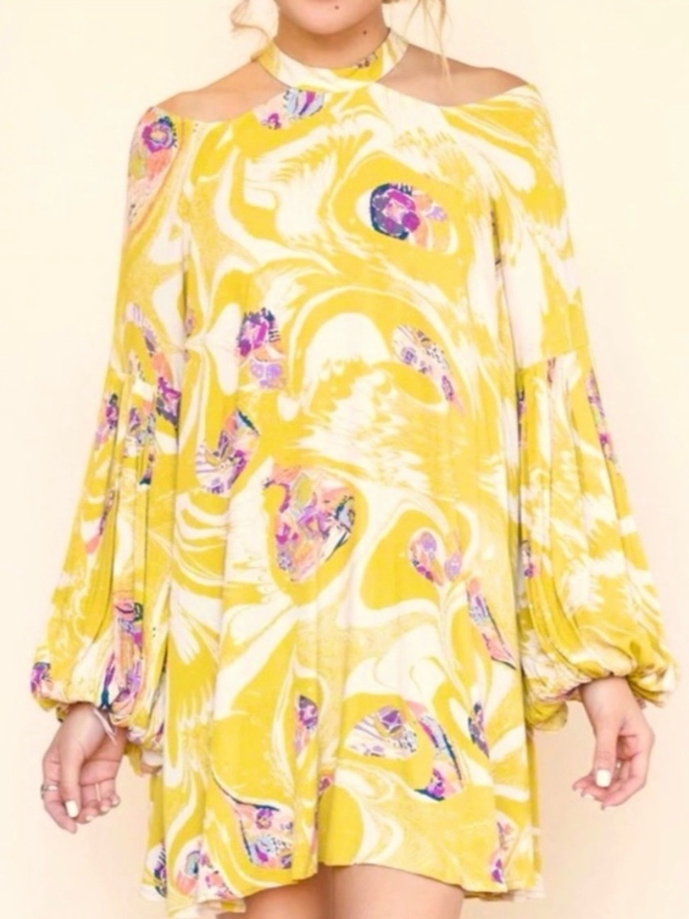 💛Free People "Drift Away" Boho Mini Dress/ Tunic in Chartreuse Marigold Size L